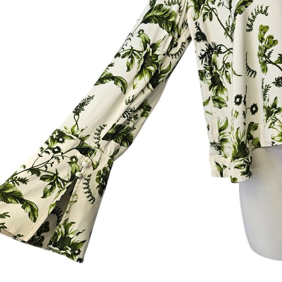 Anthropologie Silky Button Front Green Floral Long Wide Sleeve Blouse, Size M - Picture 5 of 8